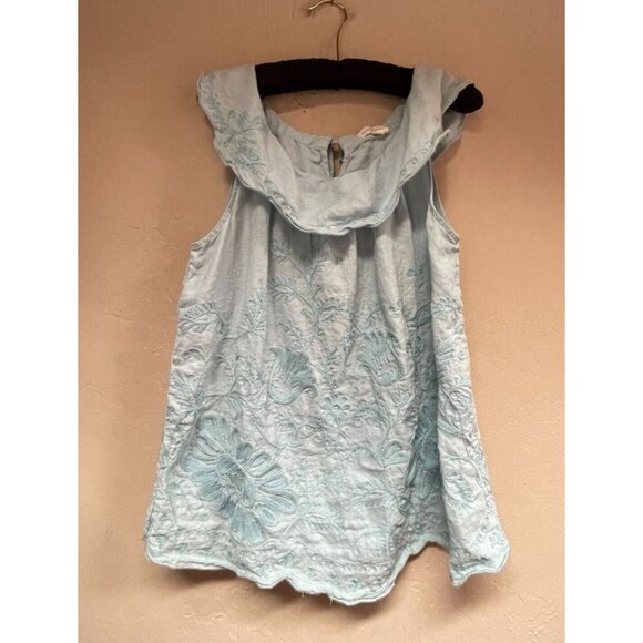 Anthropologie Meadow Rue Womens Embroidery Ruffle Neck Linen Top Size 12 Blue - Picture 1 of 9